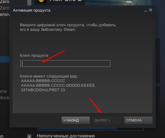 ввод ключа steam