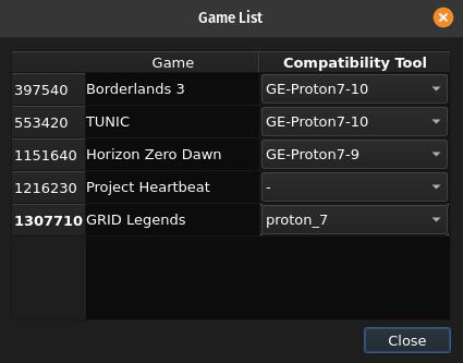 Список игр и версий Proton GE в Steam через ProtonUP-QT