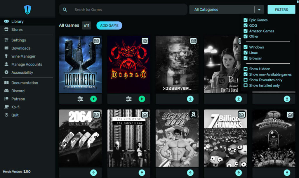 Heroic Games Launcher 2.11 фильтры